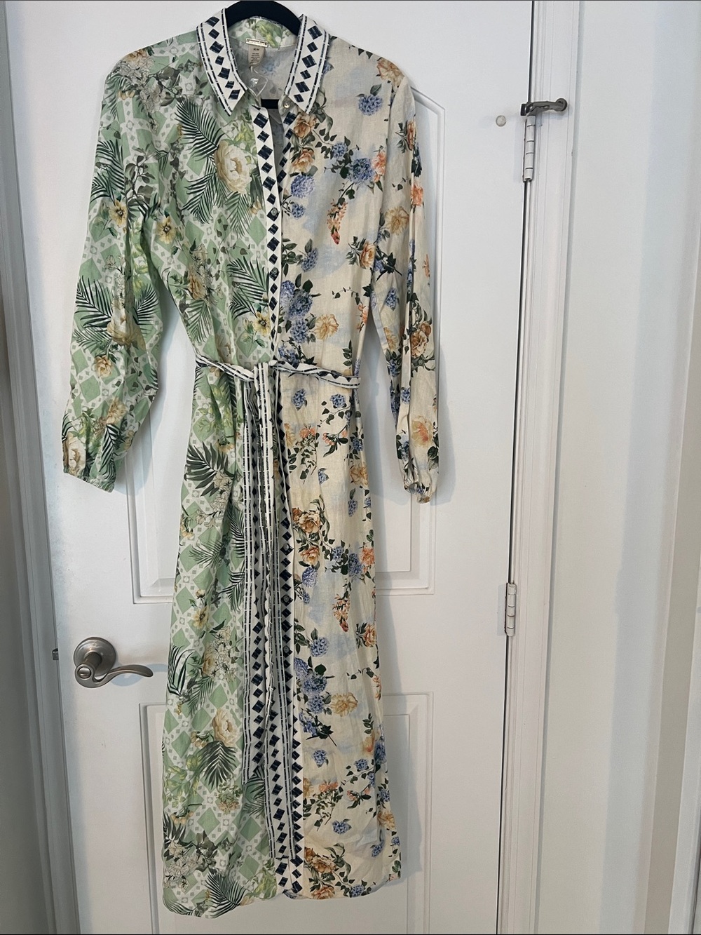 Magaschoni LINEN Mixed Floral & Leaf Maxi Shirt Dress in Green and Cream NWT